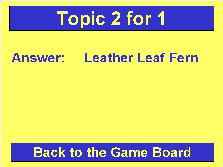 Topic 2 for 1 Answer: Leather Leaf Fern Back to the Game Board 