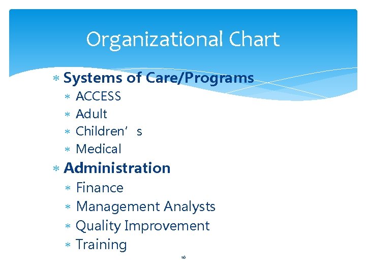 Organizational Chart Systems of Care/Programs ACCESS Adult Children’s Medical Administration Finance Management Analysts Quality