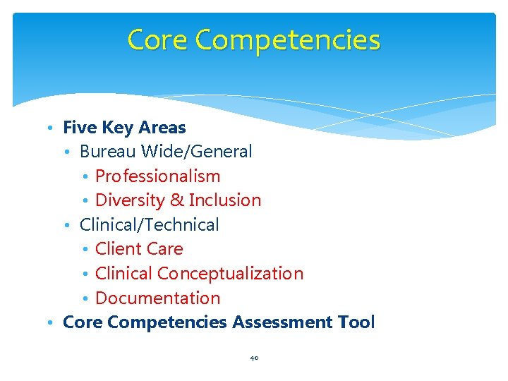 Core Competencies • Five Key Areas • Bureau Wide/General • Professionalism • Diversity &