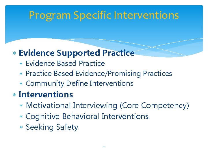 Program Specific Interventions Evidence Supported Practice Evidence Based Practice Based Evidence/Promising Practices Community Define