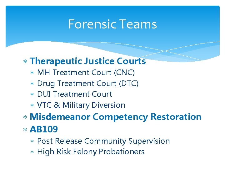 Forensic Teams Therapeutic Justice Courts MH Treatment Court (CNC) Drug Treatment Court (DTC) DUI