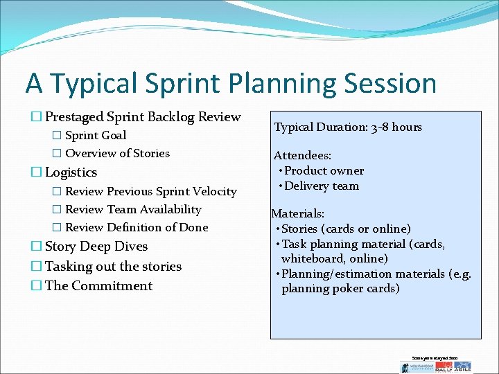 A Typical Sprint Planning Session � Prestaged Sprint Backlog Review � Sprint Goal �