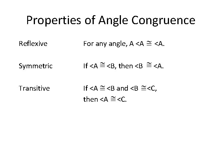 Properties of Angle Congruence Reflexive For any angle, A <A <A. Symmetric If <A