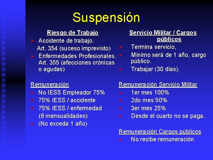 Suspensión Ø Ø Riesgo de Trabajo Accidente de trabajo. Art. 354 (suceso imprevisto) Enfermedades