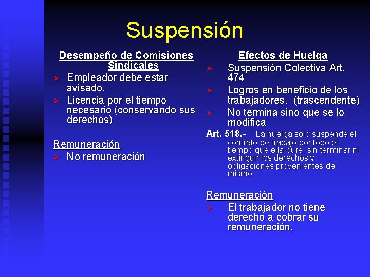 Suspensión Desempeño de Comisiones Sindicales Ø Empleador debe estar avisado. Ø Licencia por el