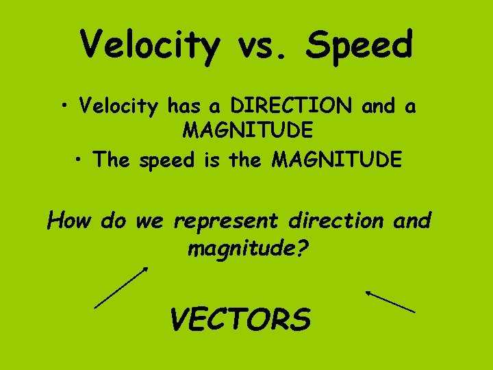 Velocity vs. Speed • Velocity has a DIRECTION and a MAGNITUDE • The speed