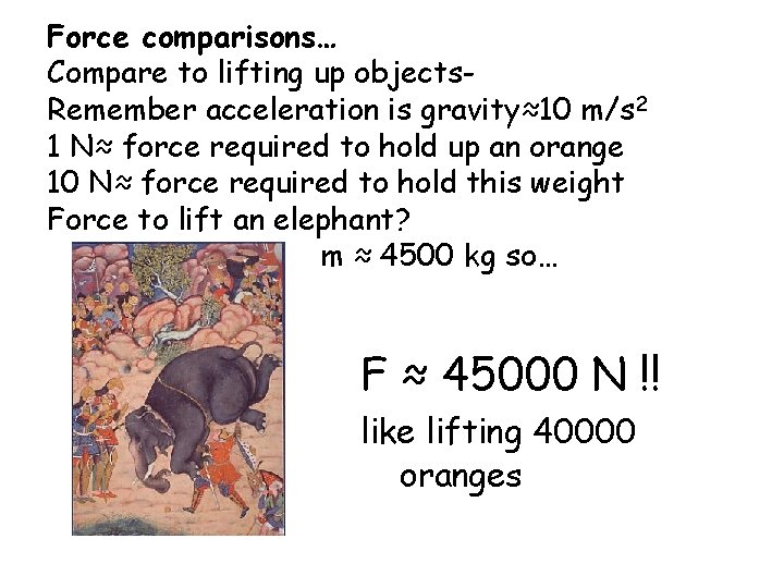 Force comparisons… Compare to lifting up objects. Remember acceleration is gravity≈10 m/s 2 1