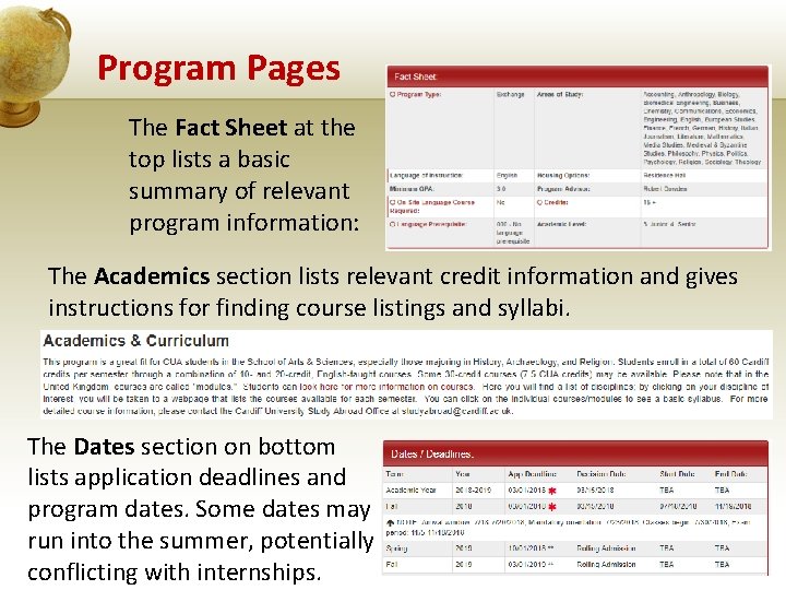 Program Pages The Fact Sheet at the top lists a basic summary of relevant
