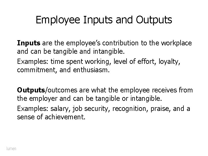 Employee Inputs and Outputs Inputs are the employee’s contribution to the workplace and can