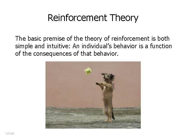 Reinforcement Theory The basic premise of theory of reinforcement is both simple and intuitive: