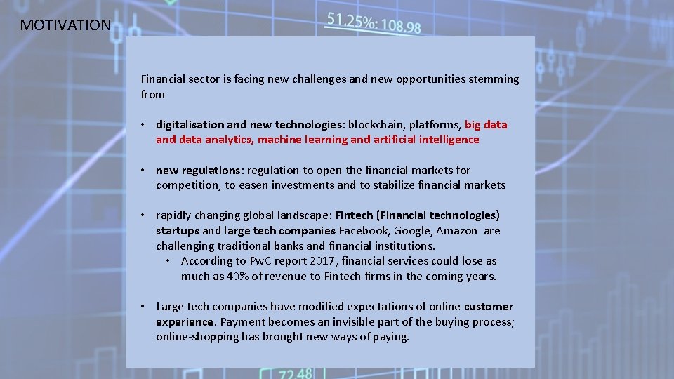 MOTIVATION Financial sector is facing new challenges and new opportunities stemming from • digitalisation