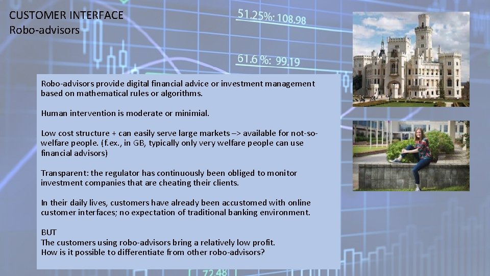 CUSTOMER INTERFACE Robo-advisors provide digital financial advice or investment management based on mathematical rules