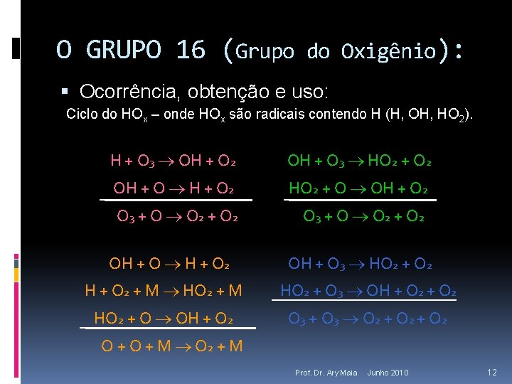 O GRUPO 16 (Grupo do Oxigênio): Ocorrência, obtenção e uso: Ciclo do HOx –