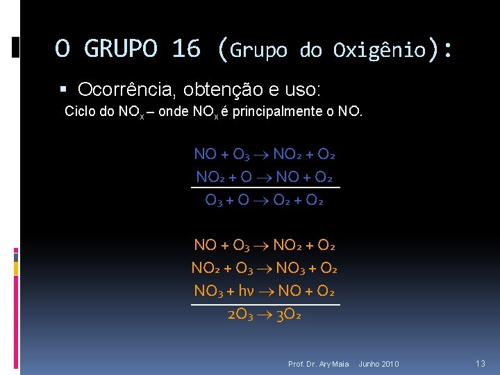 O GRUPO 16 (Grupo do Oxigênio): Ocorrência, obtenção e uso: Ciclo do NOx –