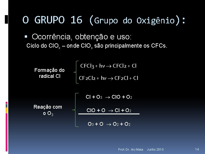 O GRUPO 16 (Grupo do Oxigênio): Ocorrência, obtenção e uso: Ciclo do Cl. Ox