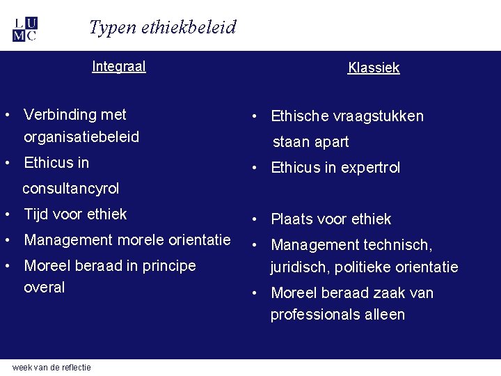 Typen ethiekbeleid Integraal Klassiek • Verbinding met organisatiebeleid • Ethische vraagstukken • Ethicus in