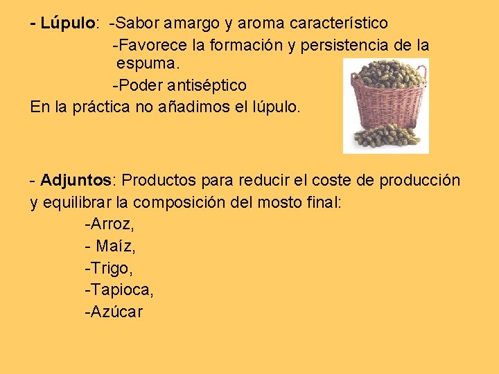 - Lúpulo: -Sabor amargo y aroma característico -Favorece la formación y persistencia de la