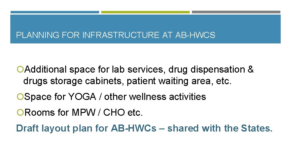 PLANNING FOR INFRASTRUCTURE AT AB-HWCS Additional space for lab services, drug dispensation & drugs
