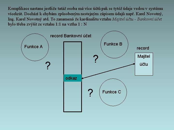 Komplikace nastane jestliže tatáž osoba má více účtů pak se tytéž údaje vedou v