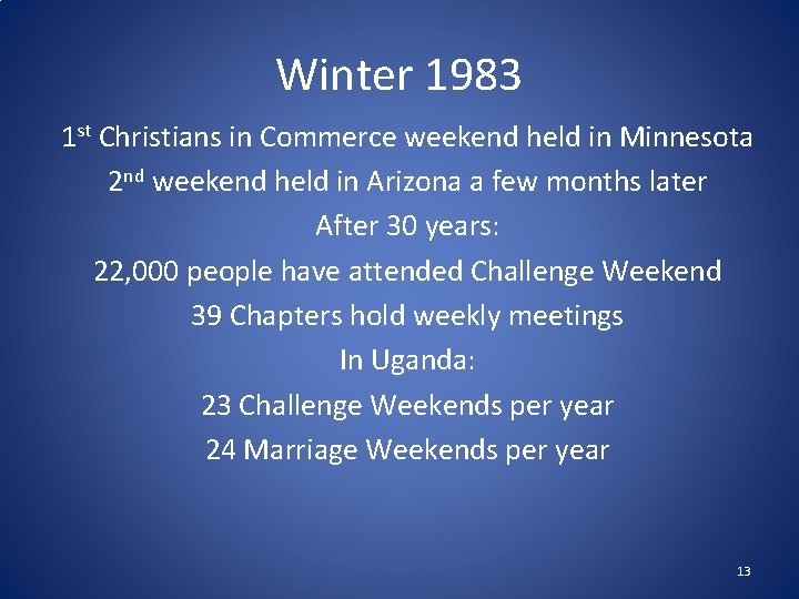 Winter 1983 1 st Christians in Commerce weekend held in Minnesota 2 nd weekend