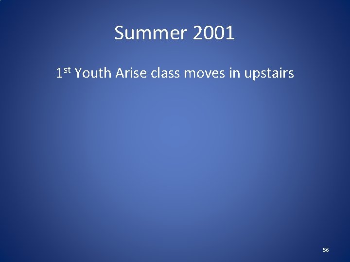 Summer 2001 1 st Youth Arise class moves in upstairs 56 