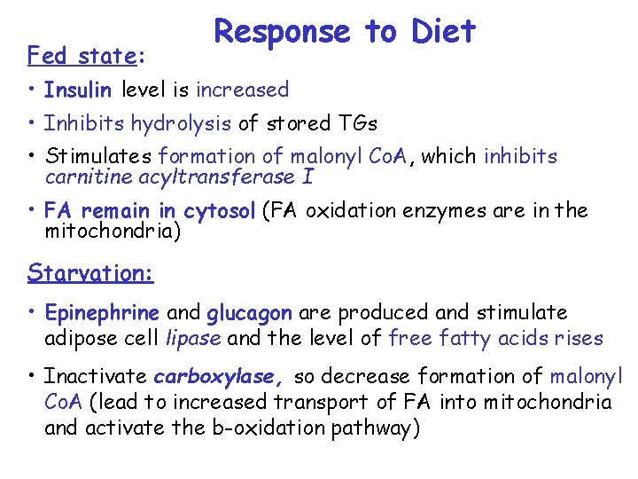 Fed state: Response to Diet • Insulin level is increased • Inhibits hydrolysis of