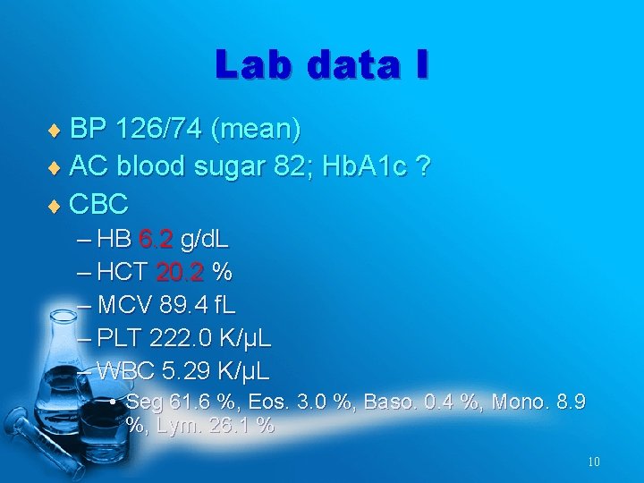 Lab data I ¨ BP 126/74 (mean) ¨ AC blood sugar 82; Hb. A