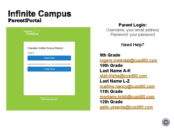 Parent Login: Username: your email address Password: your password Need Help? 9 th Grade