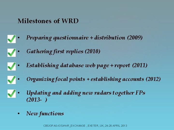 Milestones of WRD • Preparing questionnaire + distribution (2009) • Gathering first replies (2010)