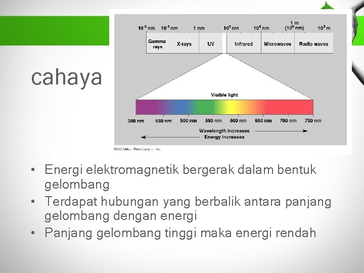 cahaya • Energi elektromagnetik bergerak dalam bentuk gelombang • Terdapat hubungan yang berbalik antara