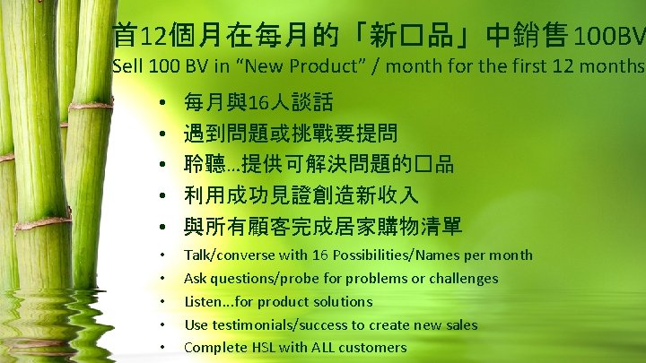 首 12個月在每月的「新�品」中銷售 100 BV Sell 100 BV in “New Product” / month for the