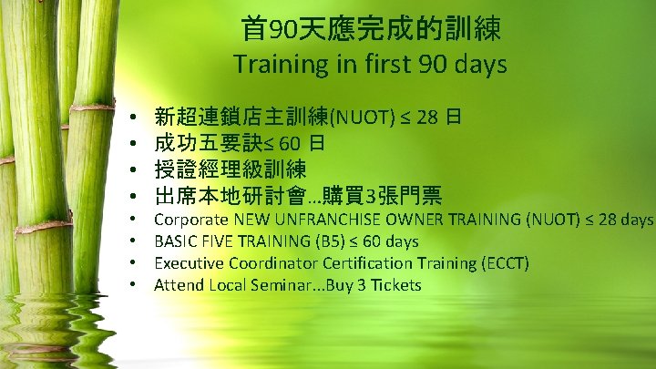 首 90天應完成的訓練 Training in first 90 days • • 新超連鎖店主訓練(NUOT) ≤ 28 日 成功五要訣≤