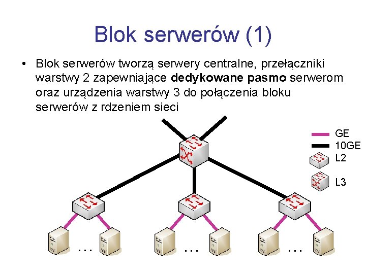 Blok serwerów (1) • Blok serwerów tworzą serwery centralne, przełączniki warstwy 2 zapewniające dedykowane