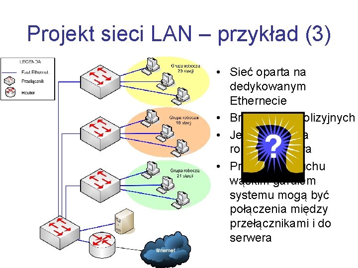 Projekt sieci LAN – przykład (3) • Sieć oparta na dedykowanym Ethernecie • Brak