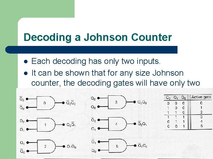 Decoding a Johnson Counter l l Each decoding has only two inputs. It can