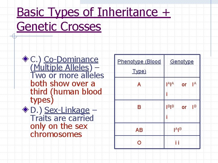 Basic Types of Inheritance + Genetic Crosses C. ) Co-Dominance (Multiple Alleles) – Two