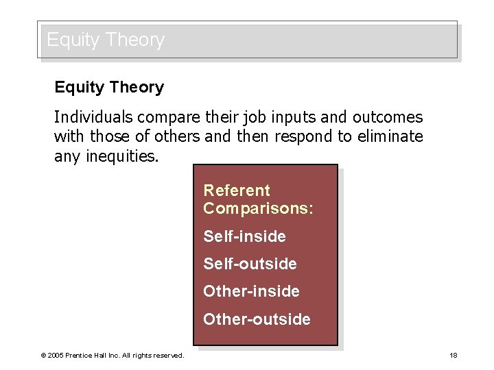 Equity Theory Individuals compare their job inputs and outcomes with those of others and