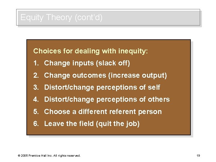 Equity Theory (cont’d) Choices for dealing with inequity: 1. Change inputs (slack off) 2.