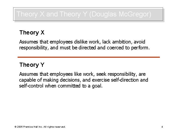 Theory X and Theory Y (Douglas Mc. Gregor) Theory X Assumes that employees dislike