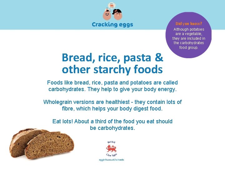 Did you know? Bread, rice, pasta & other starchy foods Although potatoes are a