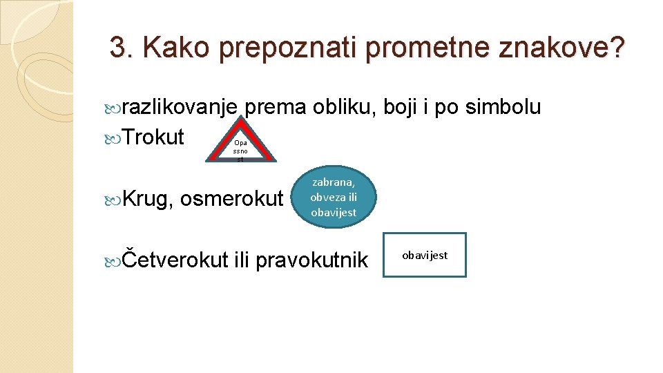 3. Kako prepoznati prometne znakove? razlikovanje Trokut Krug, prema obliku, boji i po simbolu