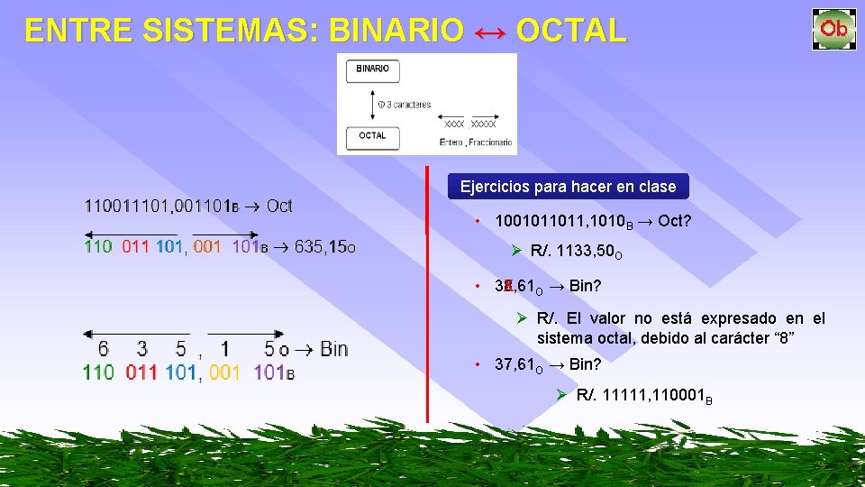 ENTRE SISTEMAS: BINARIO ↔ OCTAL Ejercicios para hacer en clase • 1001011011, 1010 B