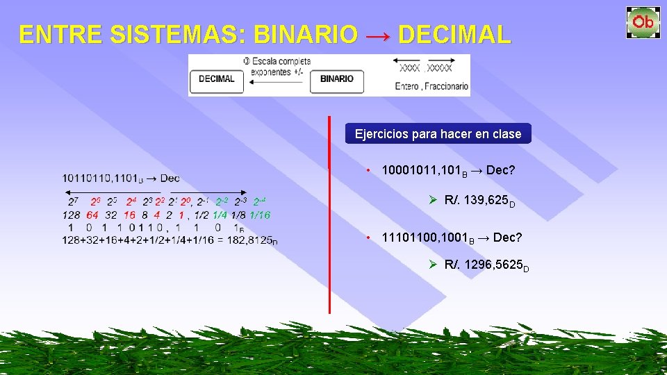 ENTRE SISTEMAS: BINARIO → DECIMAL Ejercicios para hacer en clase • 10001011, 101 B