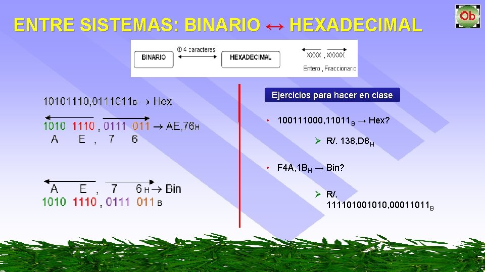 ENTRE SISTEMAS: BINARIO ↔ HEXADECIMAL Ejercicios para hacer en clase • 100111000, 11011 B