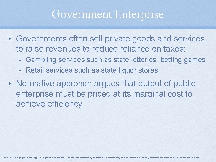 Government Enterprise • Governments often sell private goods and services to raise revenues to