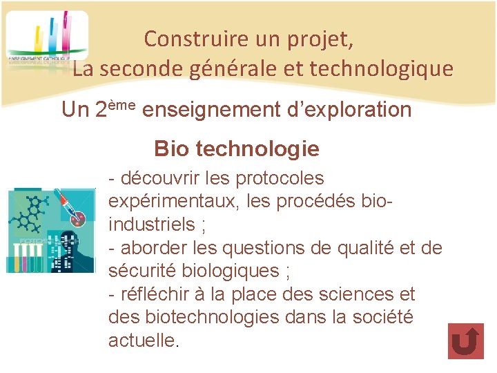 Construire un projet, La seconde générale et technologique Un 2ème enseignement d’exploration Bio technologie