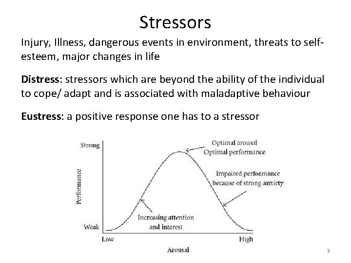 Stressors Injury, Illness, dangerous events in environment, threats to selfesteem, major changes in life