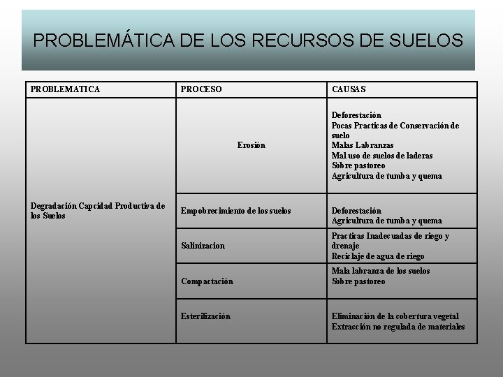 PROBLEMÁTICA DE LOS RECURSOS DE SUELOS PROBLEMATICA PROCESO CAUSAS Erosión Degradación Capcidad Productiva de