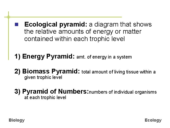 n Ecological pyramid: a diagram that shows the relative amounts of energy or matter