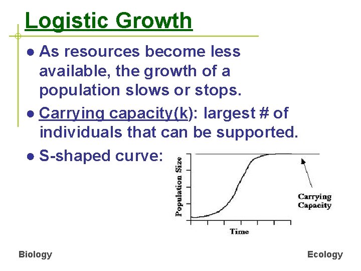 Logistic Growth ● As resources become less available, the growth of a population slows